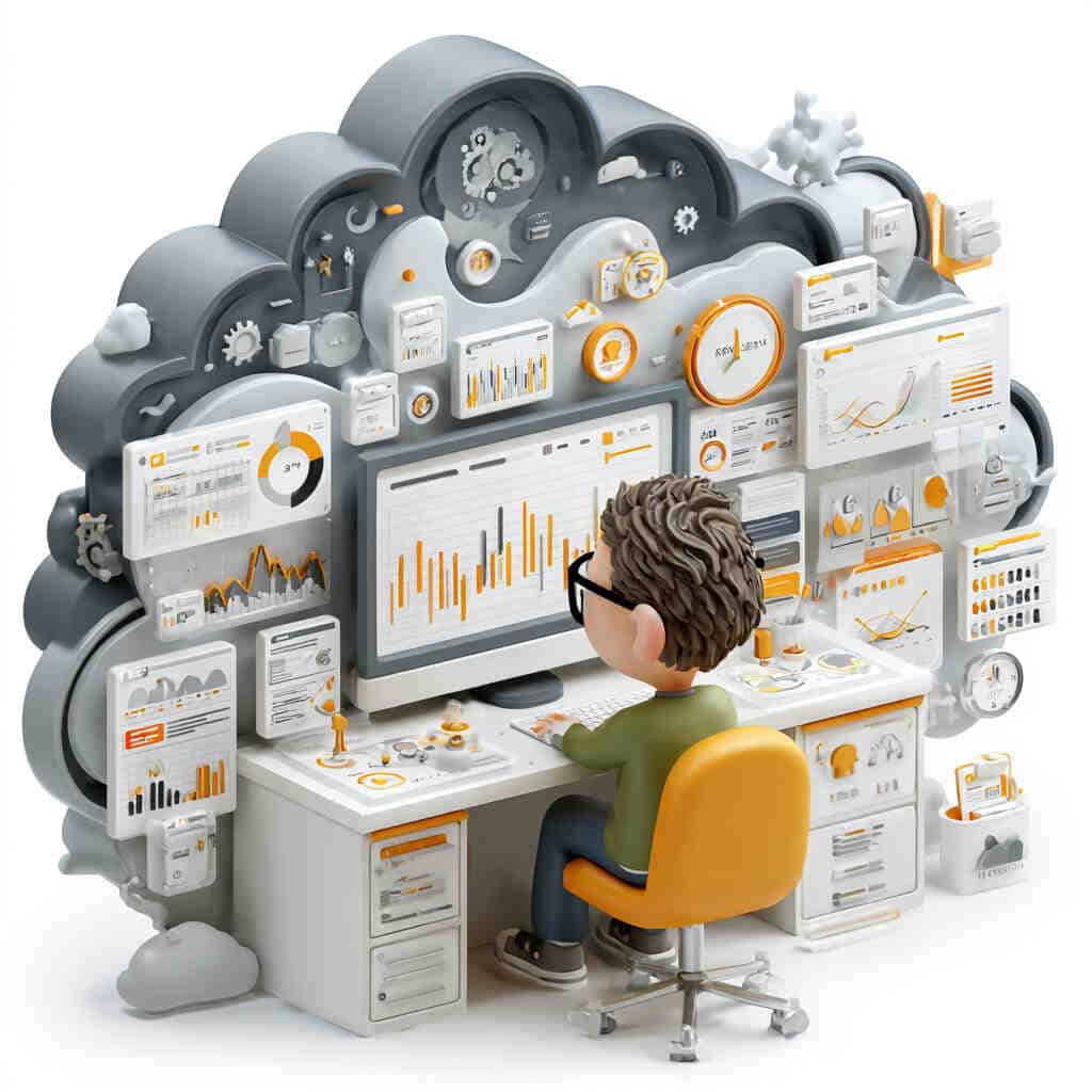 Isometric Data Analyst Monitoring Cloud Computing Data Иконки различных типов данных (база данных, документ, папка проекта, конверт, шестеренка).